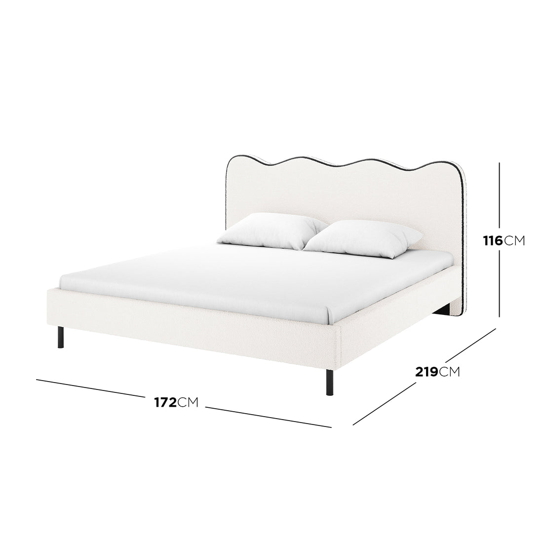 Kaylie Queen Boucle Fabric Bed Frame in White & Black features an off-white wave-shaped headboard, two pillows, and measurement lines highlighting its dimensions: 172cm wide, 219cm deep, 116cm high.