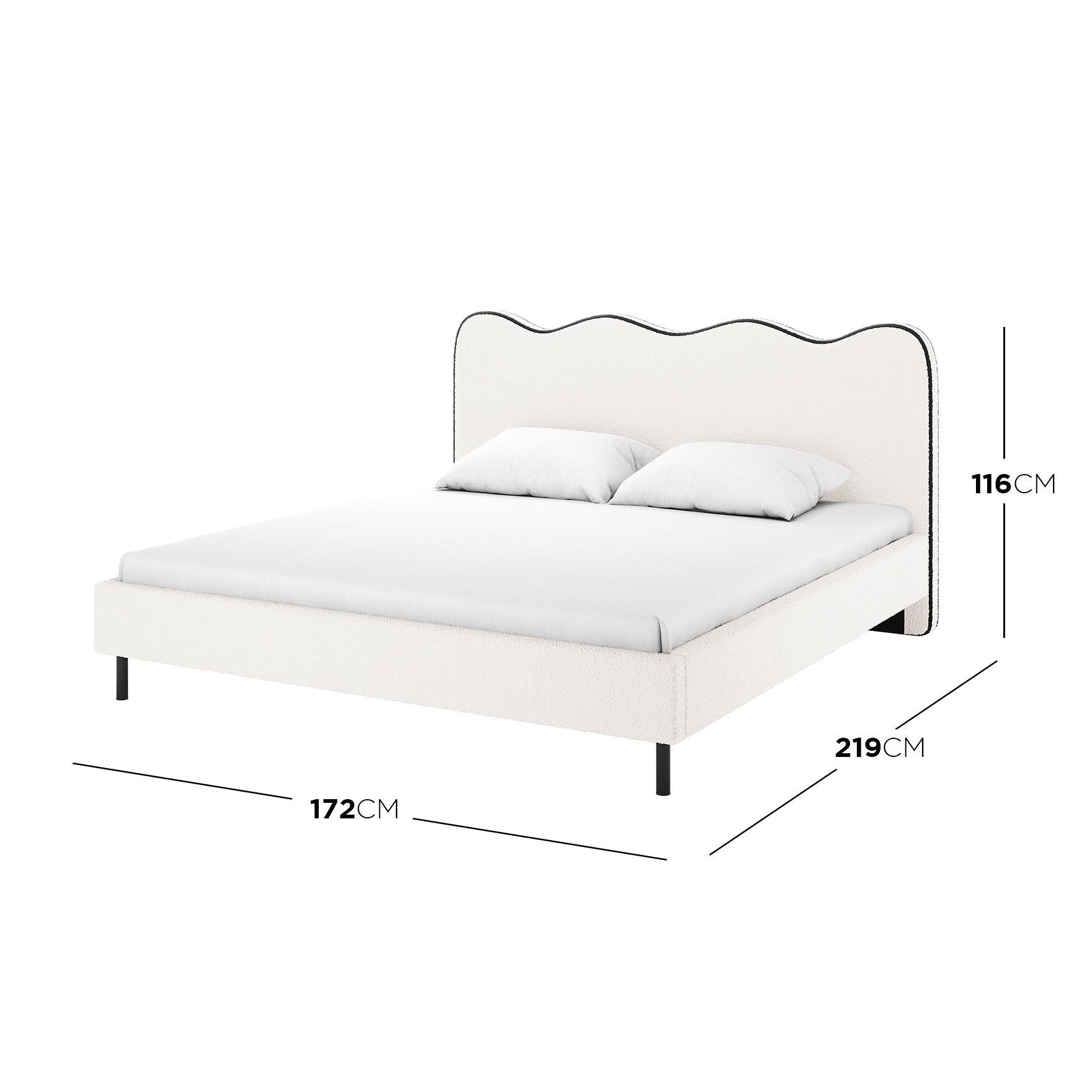 Kaylie Queen Boucle Fabric Bed Frame in White & Black features an off-white wave-shaped headboard, two pillows, and measurement lines highlighting its dimensions: 172cm wide, 219cm deep, 116cm high.