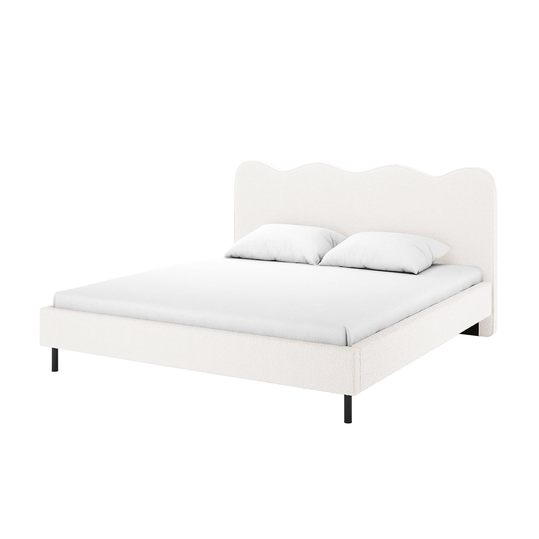 Kaylie Queen Boucle Fabric Bed Frame in Cream White featuring a wave-shaped headboard, white upholstered frame, matching mattress, two white pillows, and slender black metal legs for a modern, elegant look.