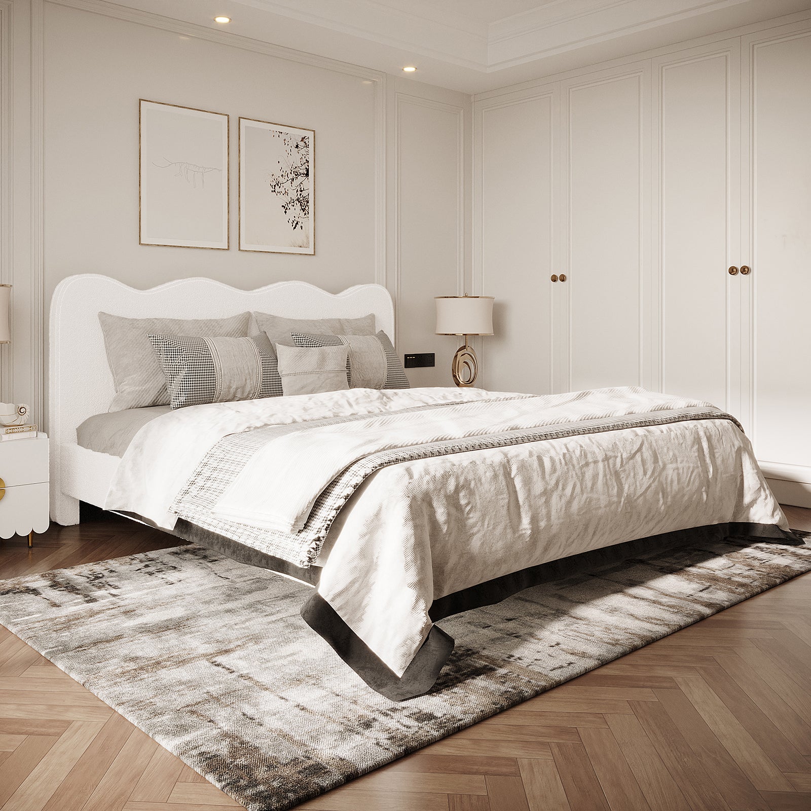 Kaylie Queen Boucle Fabric Bed Frame in Cream White with a rounded headboard, upholstered in soft boucle fabric, set in a tastefully styled bedroom with coordinating gray and beige bedding.