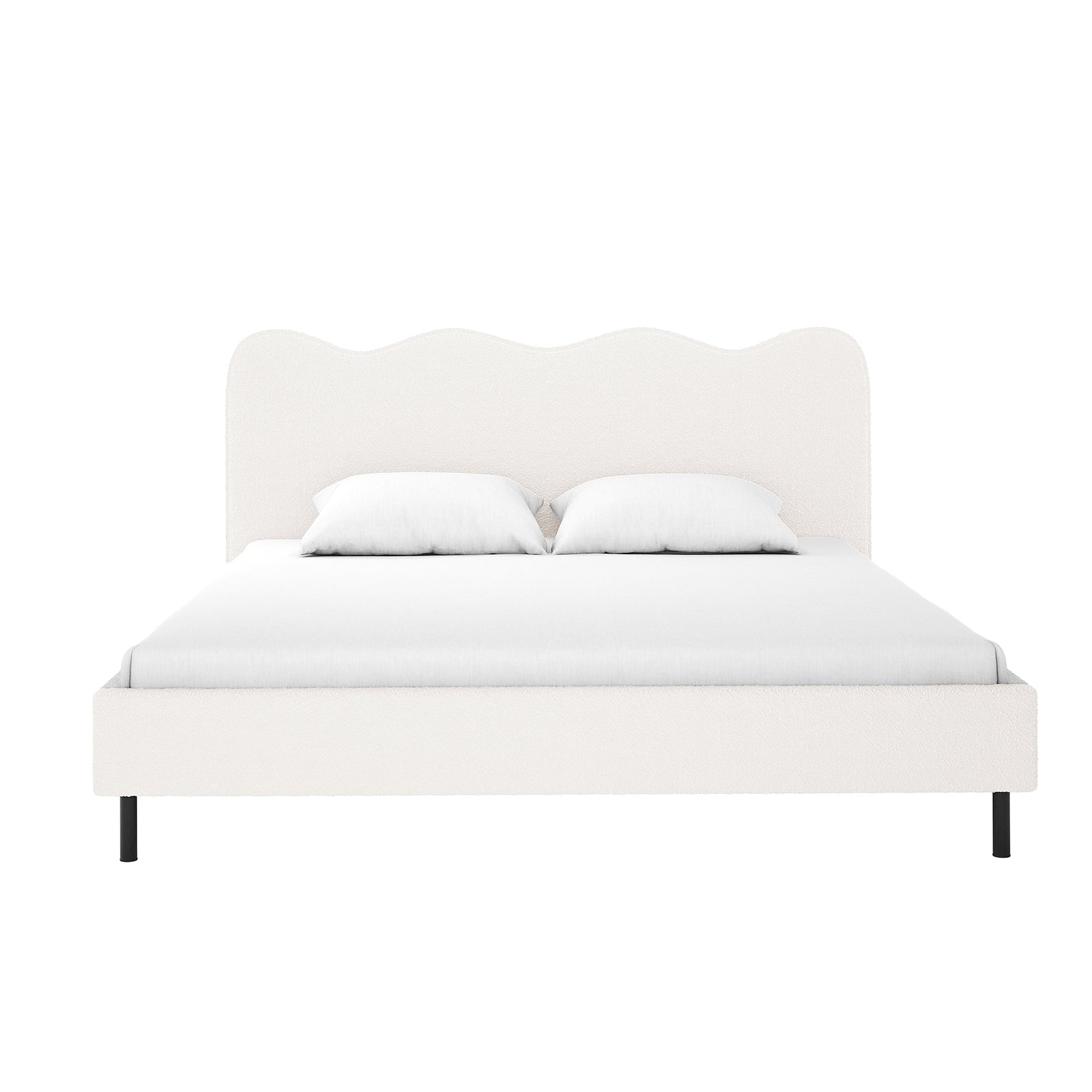 Kaylie Queen Boucle Fabric Bed Frame in Cream White features a wavy-top headboard, off-white upholstery, and slender black metal legs, dressed in white bedding, embodying minimalist elegance and functionality.
