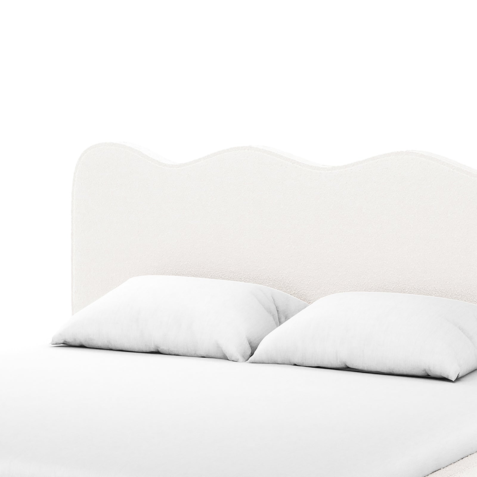 Kaylie Queen Boucle Fabric Bed Frame in Cream White showcasing a scalloped upholstered headboard, plump pillows, and a sleek design, emphasizing elegance and comfort.