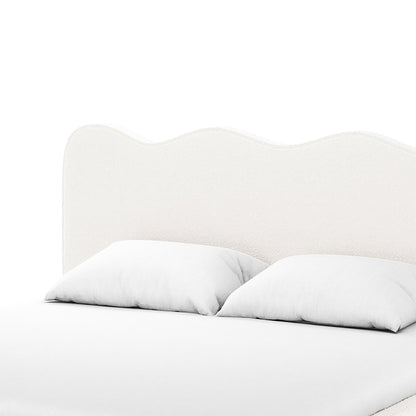Kaylie Queen Boucle Fabric Bed Frame in Cream White showcasing a scalloped upholstered headboard, plump pillows, and a sleek design, emphasizing elegance and comfort.