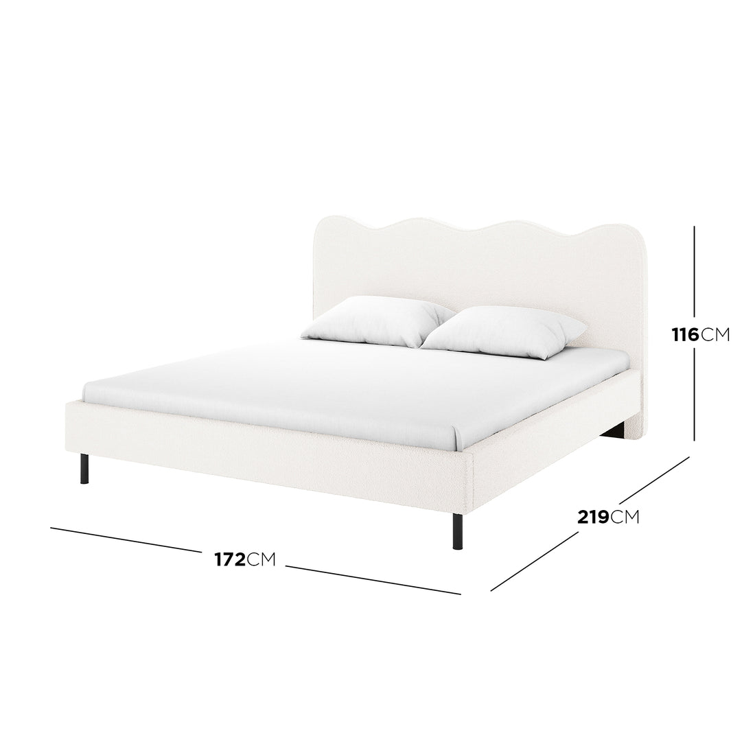 Kaylie Queen Boucle Fabric Bed Frame in Cream White, featuring a scalloped headboard, slim black metal legs, and white upholstered finish. Dimensions: 172 cm wide, 219 cm deep, 116 cm tall.