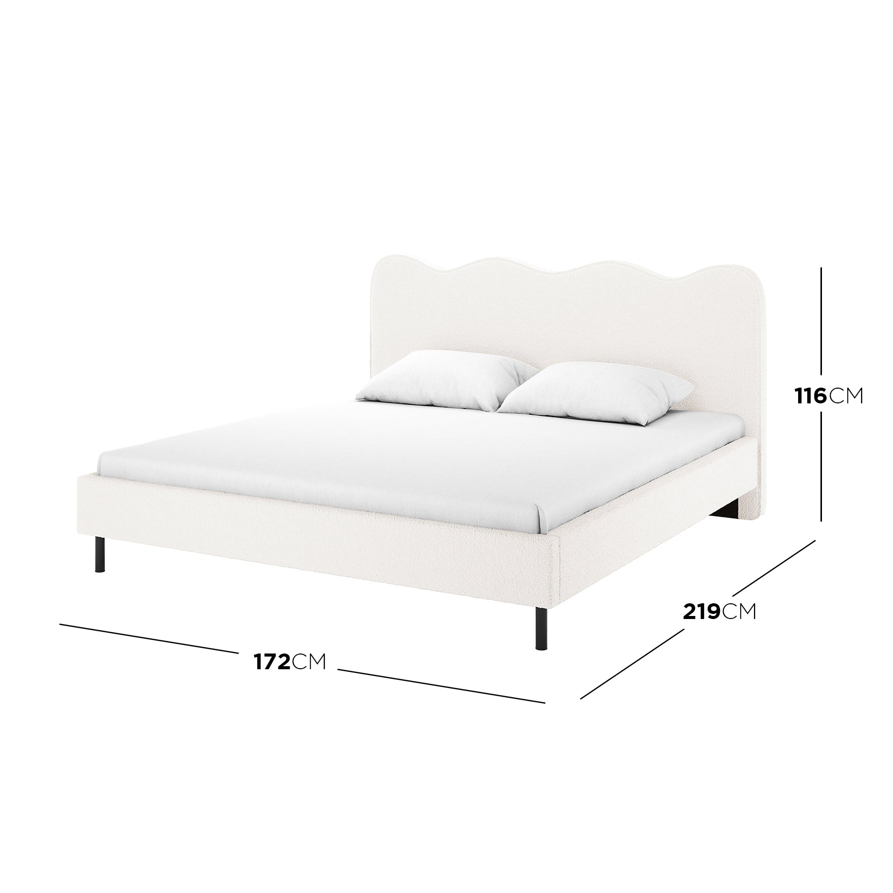 Kaylie Queen Boucle Fabric Bed Frame in Cream White, featuring a scalloped headboard, slim black metal legs, and white upholstered finish. Dimensions: 172 cm wide, 219 cm deep, 116 cm tall.