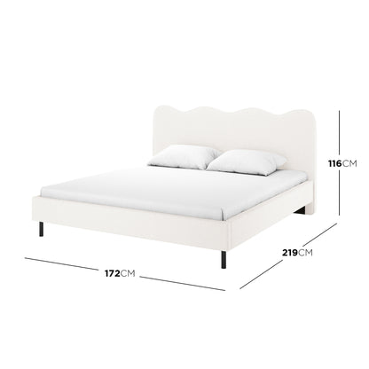 Kaylie Queen Boucle Fabric Bed Frame in Cream White, featuring a scalloped headboard, slim black metal legs, and white upholstered finish. Dimensions: 172 cm wide, 219 cm deep, 116 cm tall.
