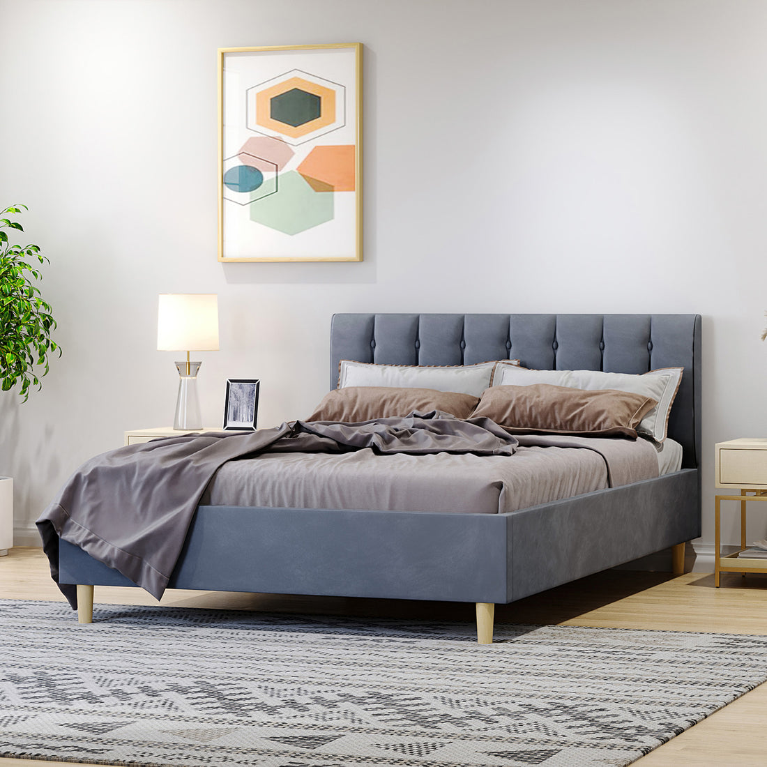 Kelly Velvet Bed Frame - Double (Grey) with a sleek rectangular headboard, grey velvet upholstery, and vertical channel tufting. It features mid-century-inspired tapered wood legs, providing an elegant and sturdy design.