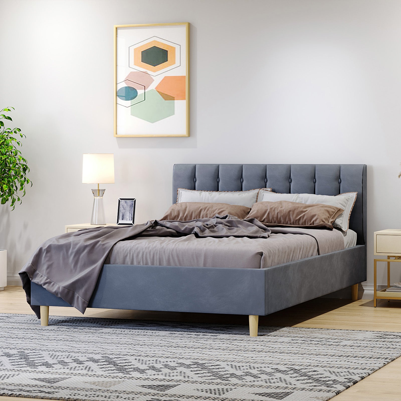 Kelly Velvet Bed Frame - Double (Grey) with a sleek rectangular headboard, grey velvet upholstery, and vertical channel tufting. It features mid-century-inspired tapered wood legs, providing an elegant and sturdy design.