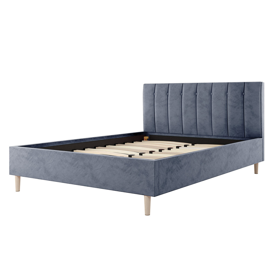Kelly Double Velvet Bed Frame – Grey features a sleek rectangular headboard with vertical channel tufting, complemented by mid-century-inspired tapered wooden legs, offering a stylish and durable bedroom centerpiece.