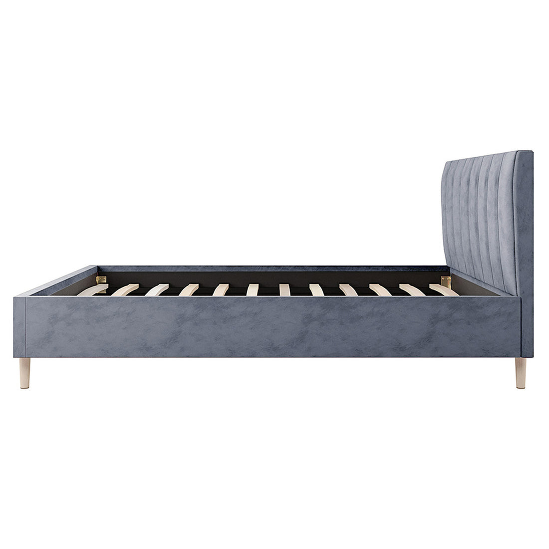 Kelly Double Velvet Bed Frame – Grey with a sleek rectangular headboard featuring vertical channel tufting and mid-century-inspired tapered solid wood legs, creating a stylish and luxurious bedroom centerpiece.