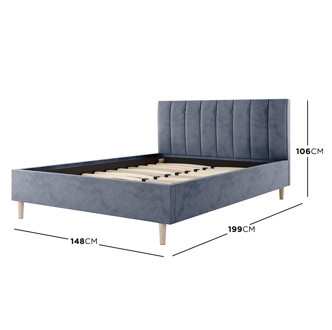 Kelly Double Velvet Bed Frame – Grey features a sleek rectangular headboard with vertical channel tufting in luxurious velvet, complemented by mid-century-inspired tapered legs, showcasing a stylish and sophisticated design.