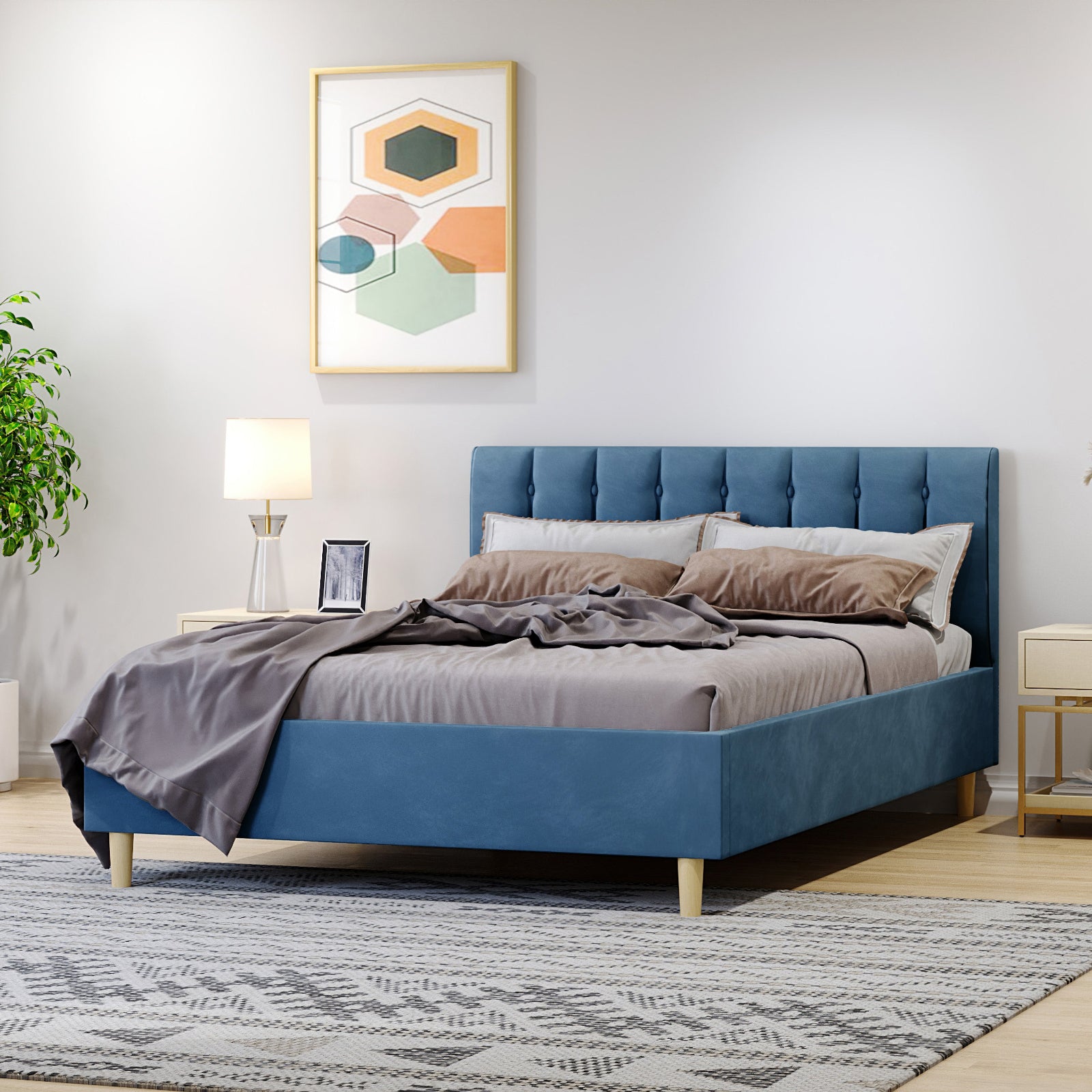 Kelly Double Velvet Bed Frame - Ocean Blue featuring a plush, vertically tufted headboard and mid-century wooden legs, providing a stylish and sturdy foundation for a double mattress in a modern bedroom setting.