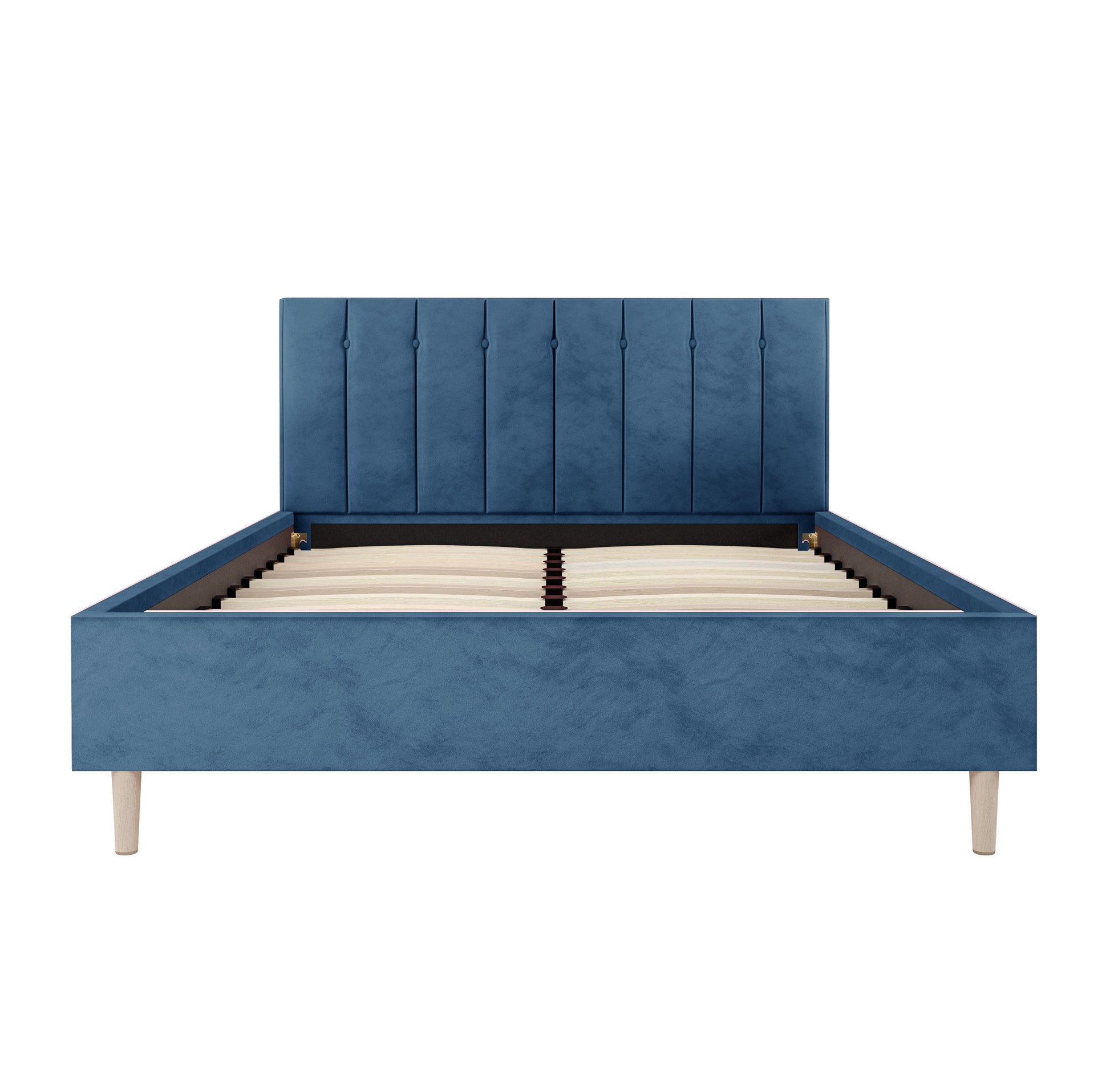 Kelly Double Velvet Bed Frame - Ocean Blue features a plush, tufted headboard with a refined design, supported by mid-century-inspired wooden legs, enhancing bedroom elegance and comfort.