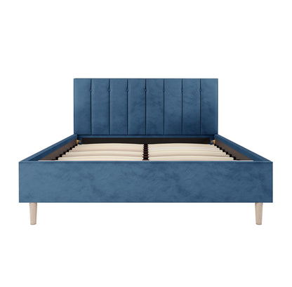 Kelly Double Velvet Bed Frame - Ocean Blue features a plush, tufted headboard with a refined design, supported by mid-century-inspired wooden legs, enhancing bedroom elegance and comfort.