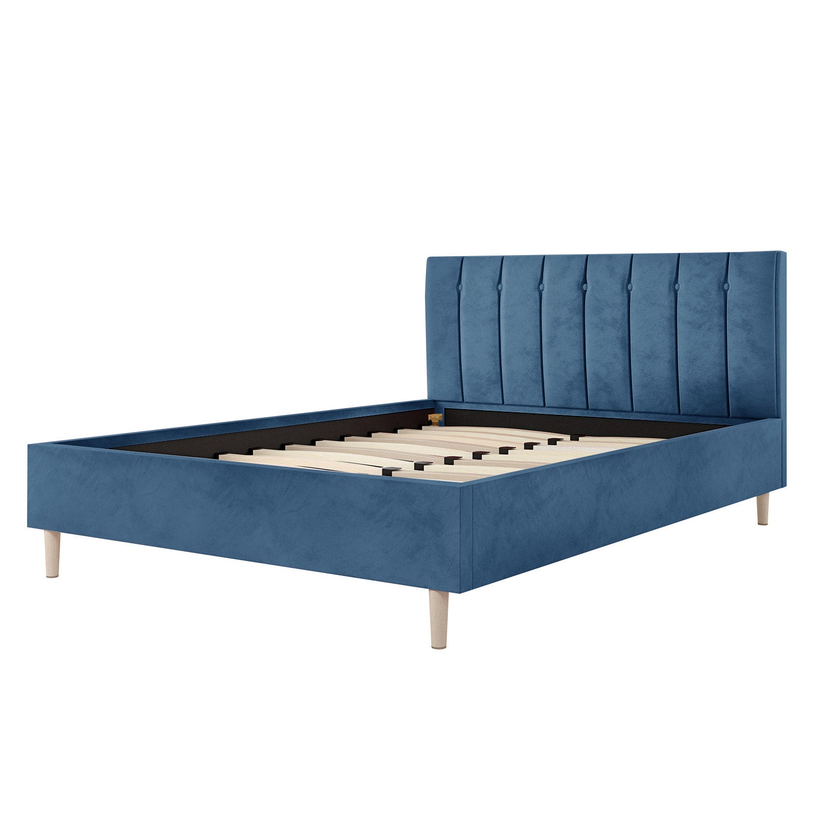 Kelly Velvet Bed Frame - Double, featuring a plush headboard with channel tufting and mid-century wooden legs, offering a modern design with solid wood for robust support and enhanced mattress airflow.
