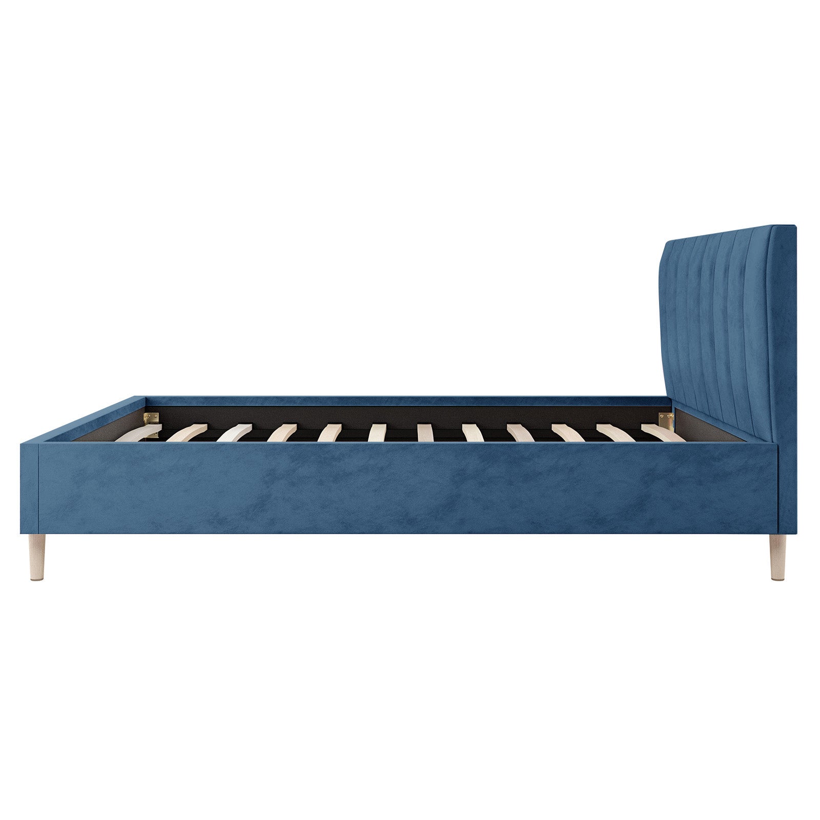 Kelly Velvet Bed Frame - Double (Ocean Blue), featuring a plush velvet headboard with vertical tufting, wooden slats, and mid-century-inspired legs, emphasizing elegance and support.