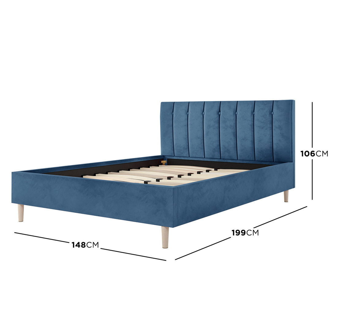 Kelly Double Velvet Bed Frame - Ocean Blue, featuring a plush rectangular headboard with vertical channel tufting, solid wood frame, and mid-century wooden legs, perfect for enhancing any bedroom's aesthetic.