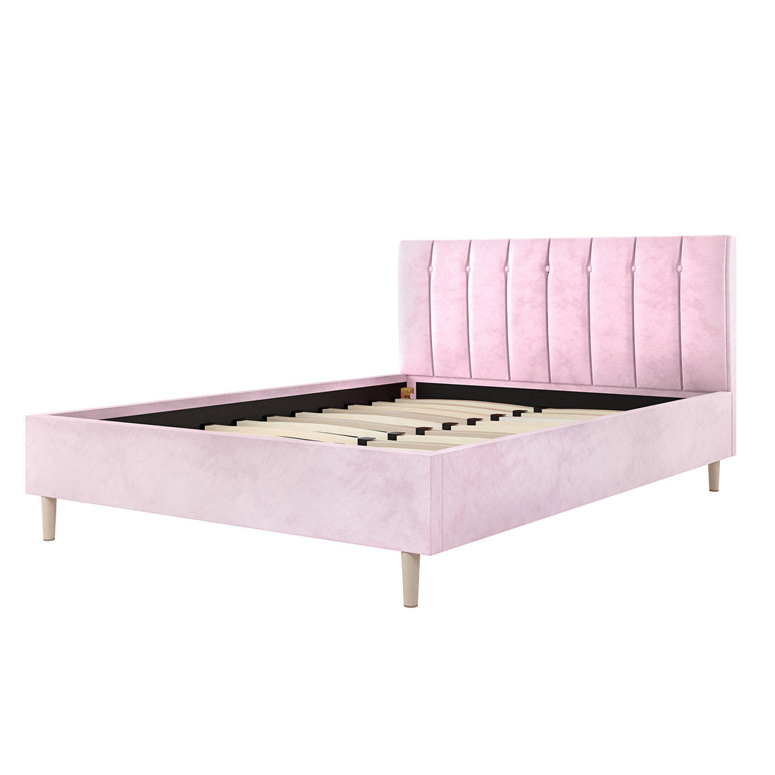 Kelly Double Velvet Fabric Bed Frame in Pink, featuring a plush, vertically-channelled headboard with subtle tufting, exposed slats, and sleek tapered wooden legs. Designed for double mattresses, exuding modern elegance and durability.