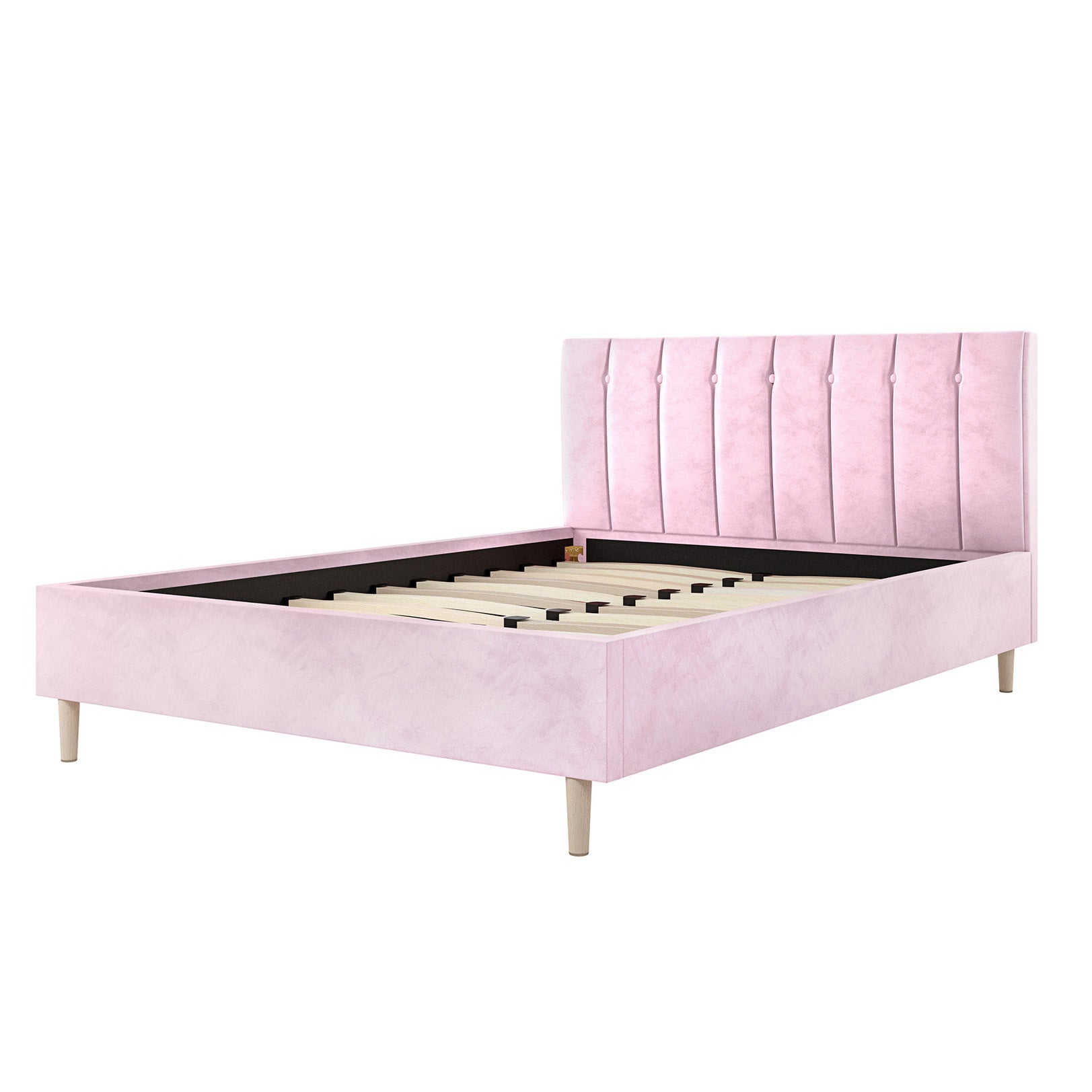 Kelly Double Velvet Fabric Bed Frame in Pink, featuring a plush, vertically-channelled headboard with subtle tufting, exposed slats, and sleek tapered wooden legs. Designed for double mattresses, exuding modern elegance and durability.
