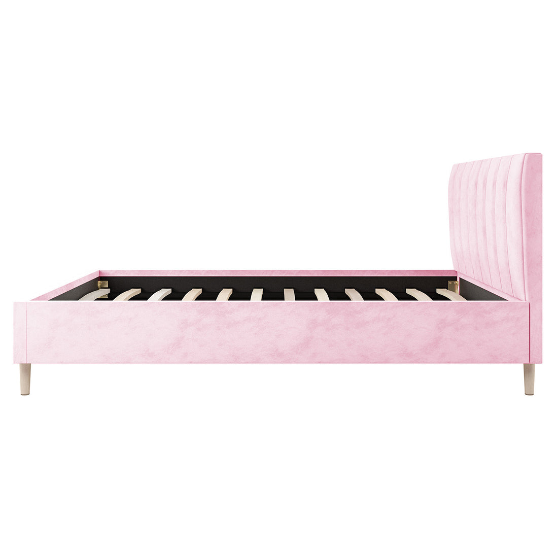 Kelly Double Velvet Fabric Bed Frame in Pink features a luxurious rose-velvet finish, channel-tufted headboard, simple wooden legs, and a slatted base, offering a stylish focal point for modern bedrooms.