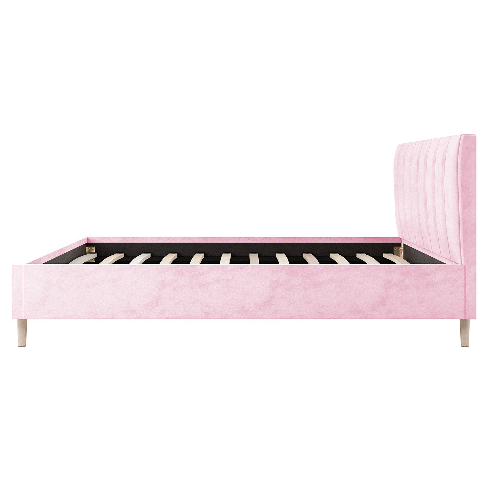 Kelly Double Velvet Fabric Bed Frame in Pink features a luxurious rose-velvet finish, channel-tufted headboard, simple wooden legs, and a slatted base, offering a stylish focal point for modern bedrooms.