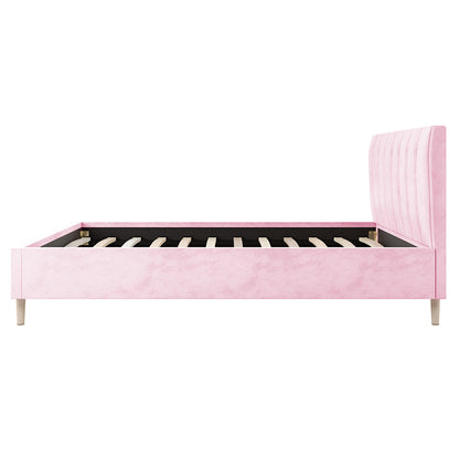 Kelly Double Velvet Fabric Bed Frame in Pink features a luxurious rose-velvet finish, channel-tufted headboard, simple wooden legs, and a slatted base, offering a stylish focal point for modern bedrooms.