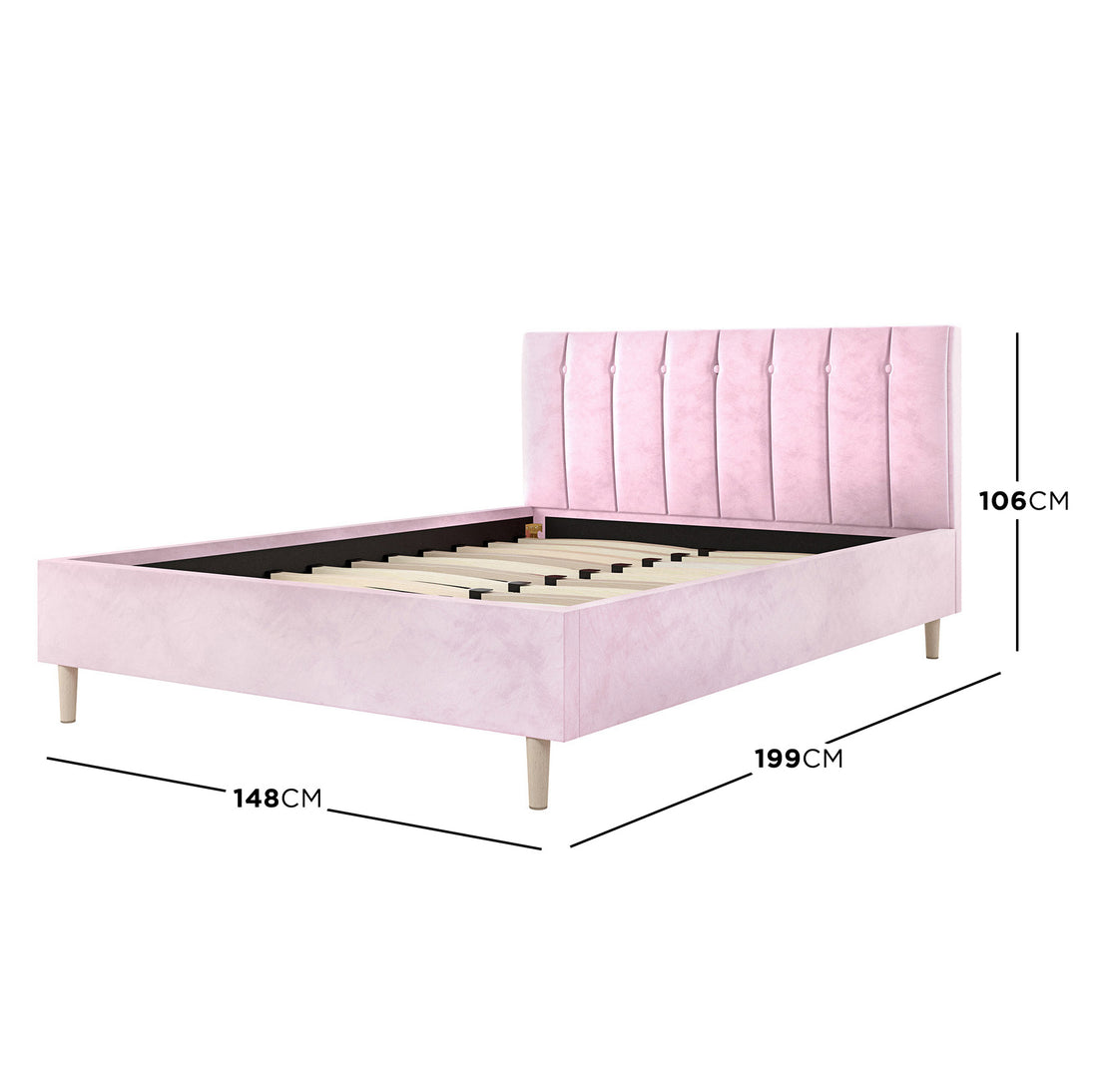 Kelly Double Velvet Fabric Bed Frame in Pink features a tall, vertically-paneled headboard, four wooden legs, and wooden slats for mattress support, creating a stylish, modern bedroom centerpiece.