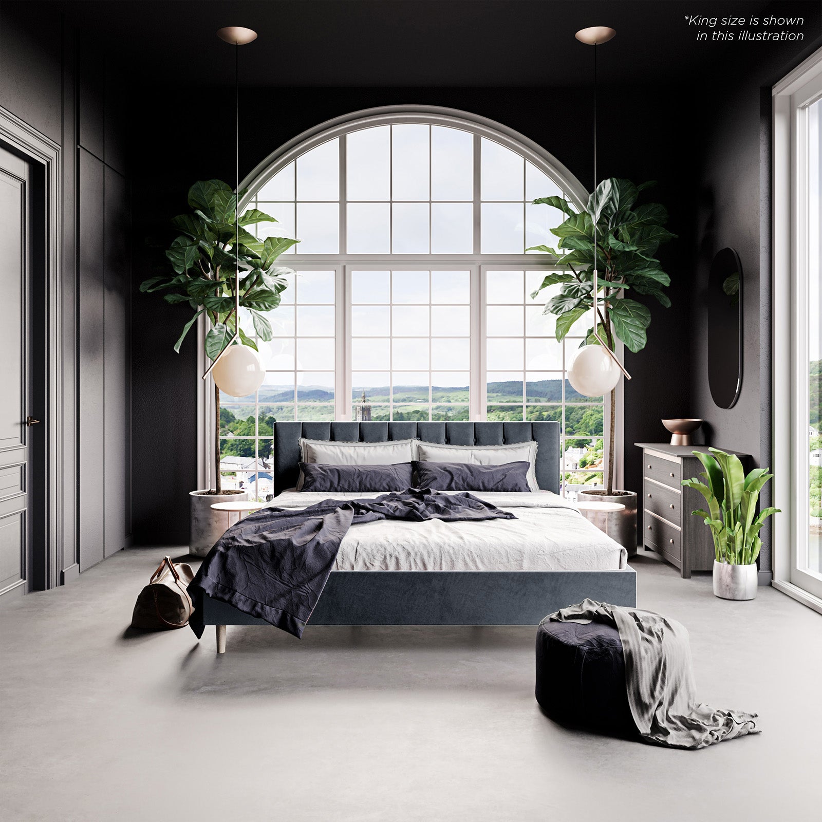 Kelly King Velvet Bed Frame – Grey, showcasing elegant grey velvet upholstery with a vertically tufted headboard, solid wood legs, and a sturdy frame, perfectly blending luxury and durability for modern interiors.