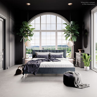 Kelly King Velvet Bed Frame – Grey, showcasing elegant grey velvet upholstery with a vertically tufted headboard, solid wood legs, and a sturdy frame, perfectly blending luxury and durability for modern interiors.