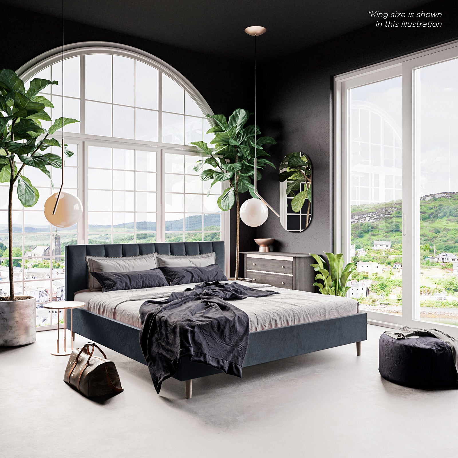 Kelly Velvet Bed Frame - King: Features elegant vertically tufted headboard, grey velvet upholstery, solid wood legs, and sturdy frame. Ideal for luxury bedrooms with modern aesthetic.