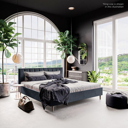 Kelly Velvet Bed Frame - King: Features elegant vertically tufted headboard, grey velvet upholstery, solid wood legs, and sturdy frame. Ideal for luxury bedrooms with modern aesthetic.