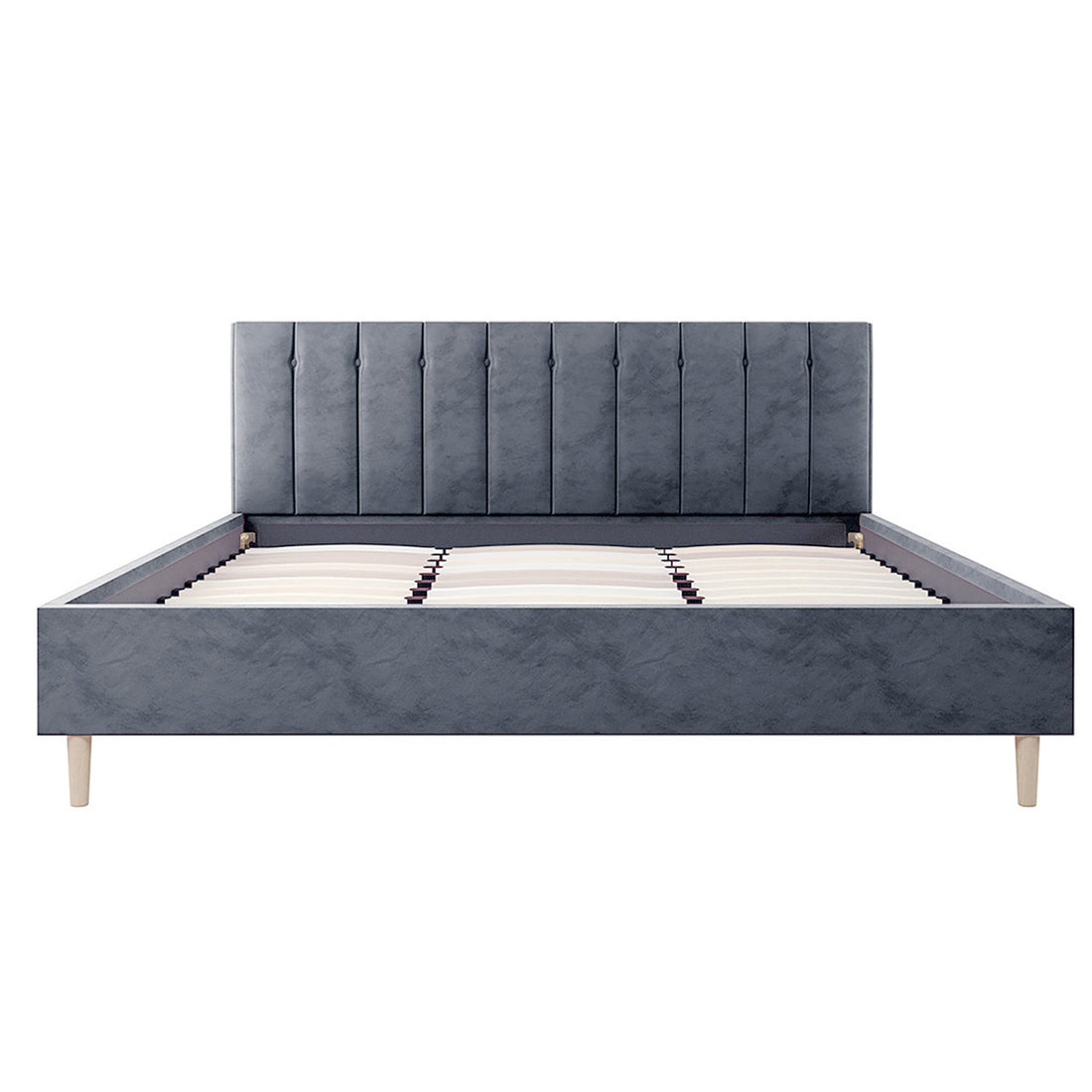 Kelly King Velvet Bed Frame – Grey; features a vertically tufted headboard, solid wood legs, and dual metal support beams, providing a luxurious and sturdy addition to any master bedroom.
