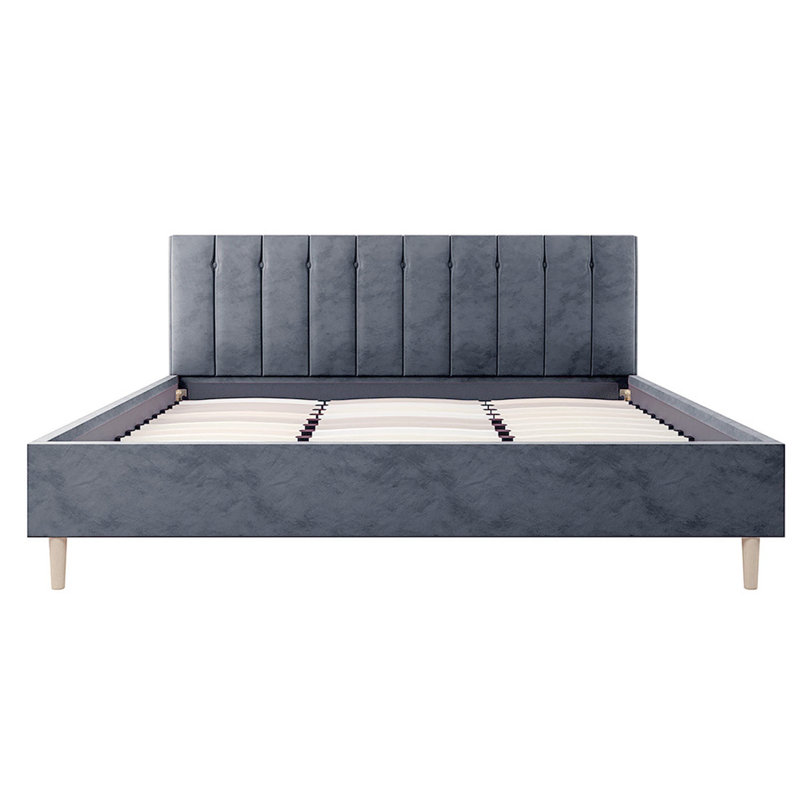 Kelly King Velvet Bed Frame – Grey; features a vertically tufted headboard, solid wood legs, and dual metal support beams, providing a luxurious and sturdy addition to any master bedroom.