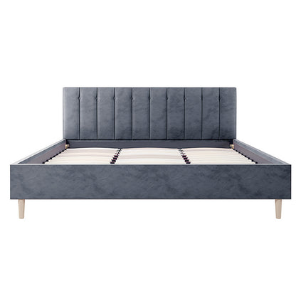 Kelly King Velvet Bed Frame – Grey; features a vertically tufted headboard, solid wood legs, and dual metal support beams, providing a luxurious and sturdy addition to any master bedroom.
