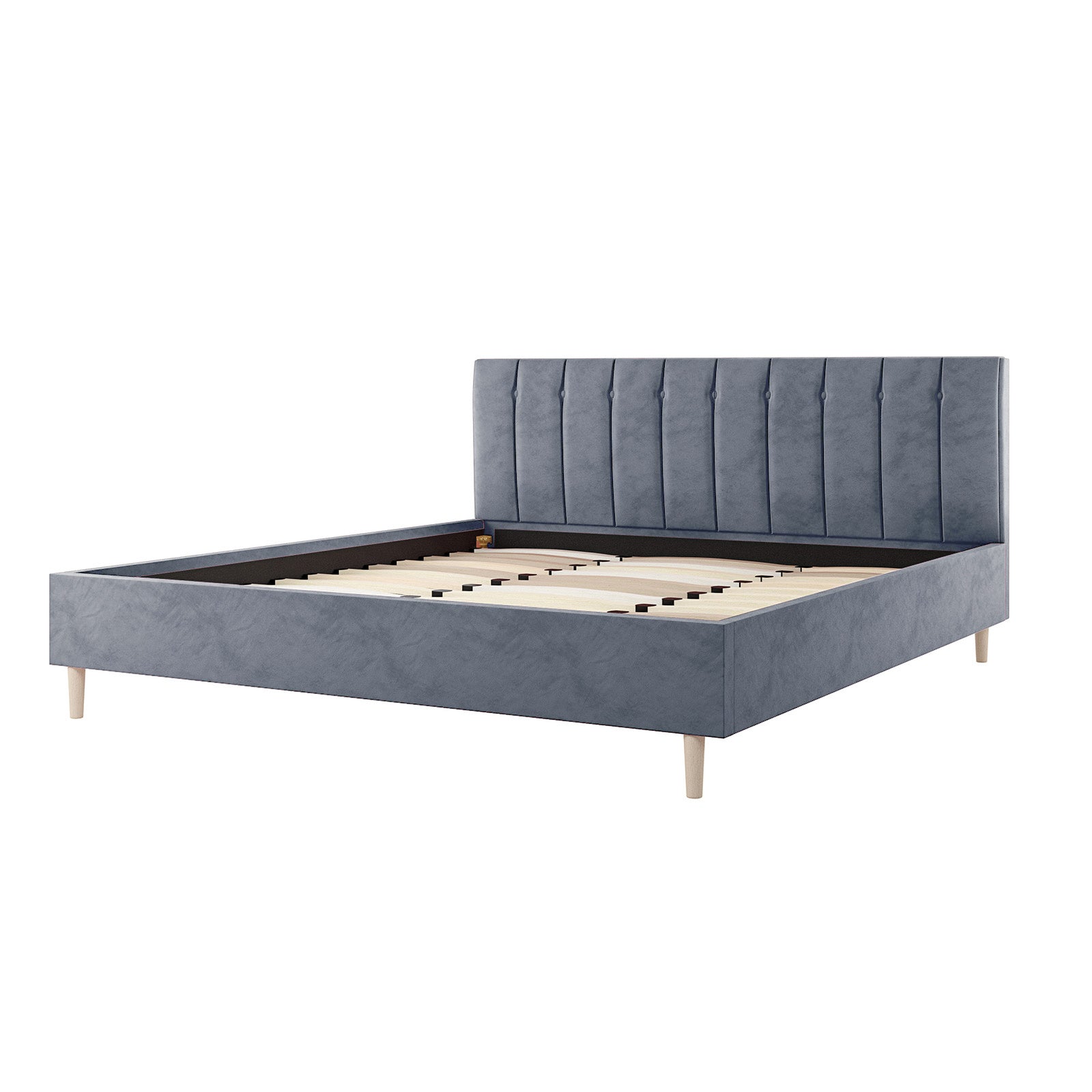 Kelly King Velvet Bed Frame – Grey, showcasing its luxurious grey velvet upholstery with a vertically tufted headboard, solid wood legs, and sturdy frame design for modern elegance and enhanced mattress support.