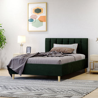Kelly Velvet Bed Frame - King Size, showcasing plush velvet upholstery with vertical channel tufting on the headboard. The sturdy frame features mid-century-inspired tapered legs, enhancing its luxurious and elegant appeal.