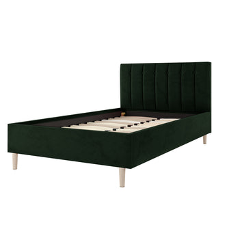 Kelly Velvet Bed Frame - King Size showcases a plush upholstered headboard with vertical channel tufting, supported by mid-century-inspired tapered legs and solid wood frame, offering sophistication and durability.