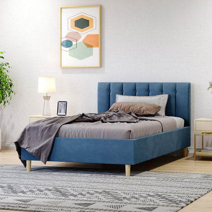 Kelly King Single Velvet Bed Frame - Ocean Blue with a velvet-upholstered headboard featuring vertical channel tufting, tapered wooden legs, and solid wood frame, designed for durability and comfort in a stylish bedroom setting.