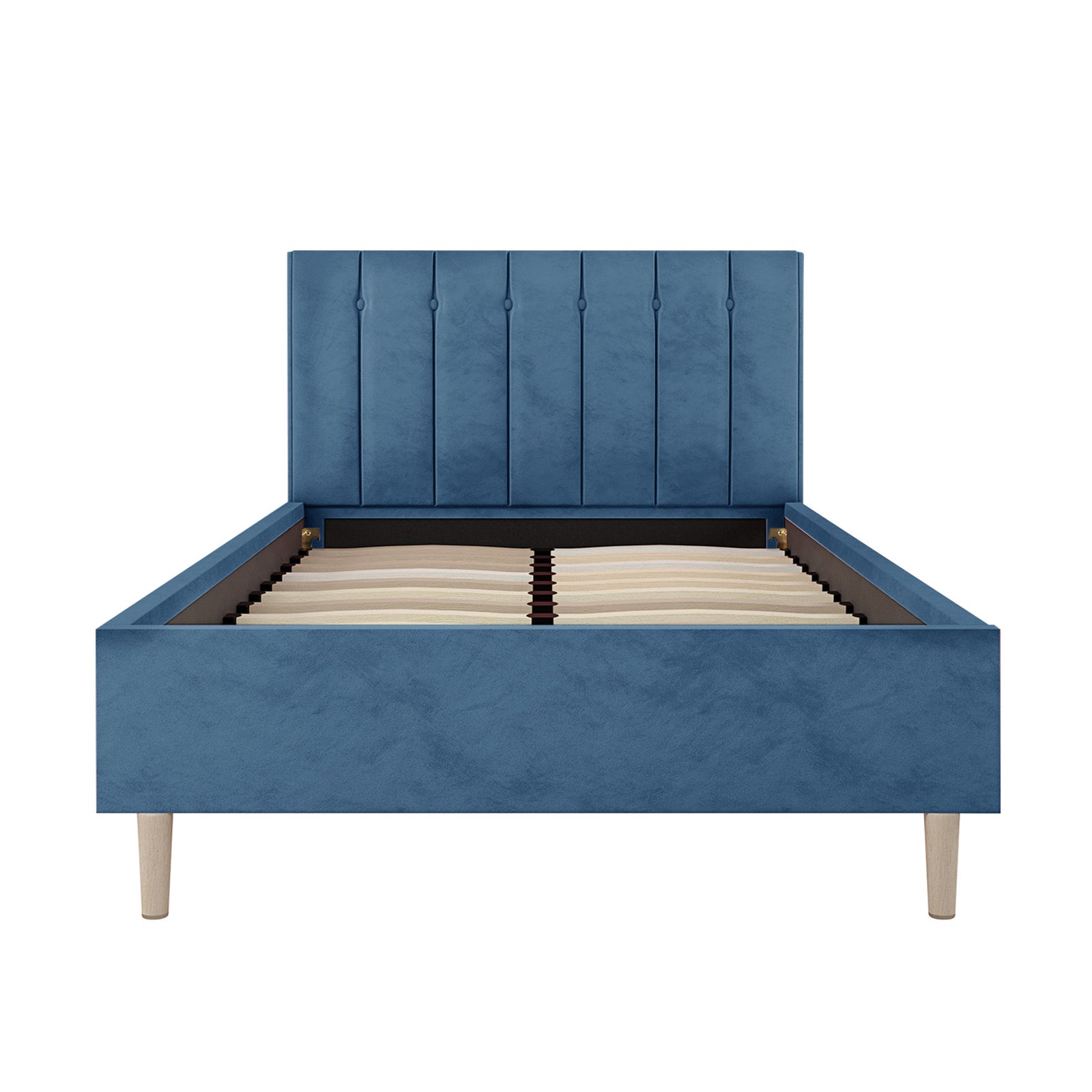 Kelly King Single Velvet Bed Frame - Ocean Blue, showcasing a velvet-upholstered headboard with vertical channel tufting, tapered wooden legs, and solid construction for stability, perfect for enhancing a tween or teen's bedroom.