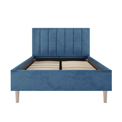 Kelly King Single Velvet Bed Frame - Ocean Blue, showcasing a velvet-upholstered headboard with vertical channel tufting, tapered wooden legs, and solid construction for stability, perfect for enhancing a tween or teen's bedroom.
