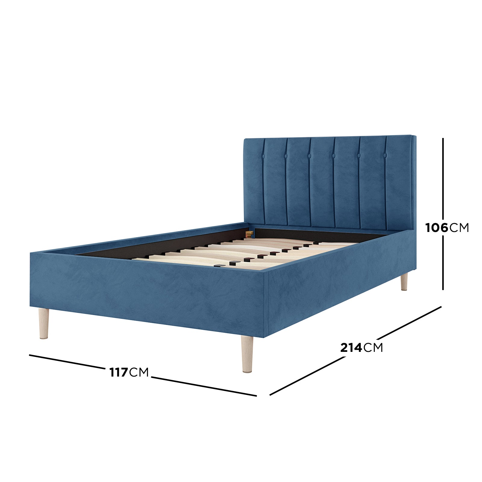 Kelly King Single Velvet Bed Frame - Ocean Blue featuring a tufted headboard and black-bordered frame, designed with solid wood and metal supports for durability. Ideal for tween or teen bedrooms.