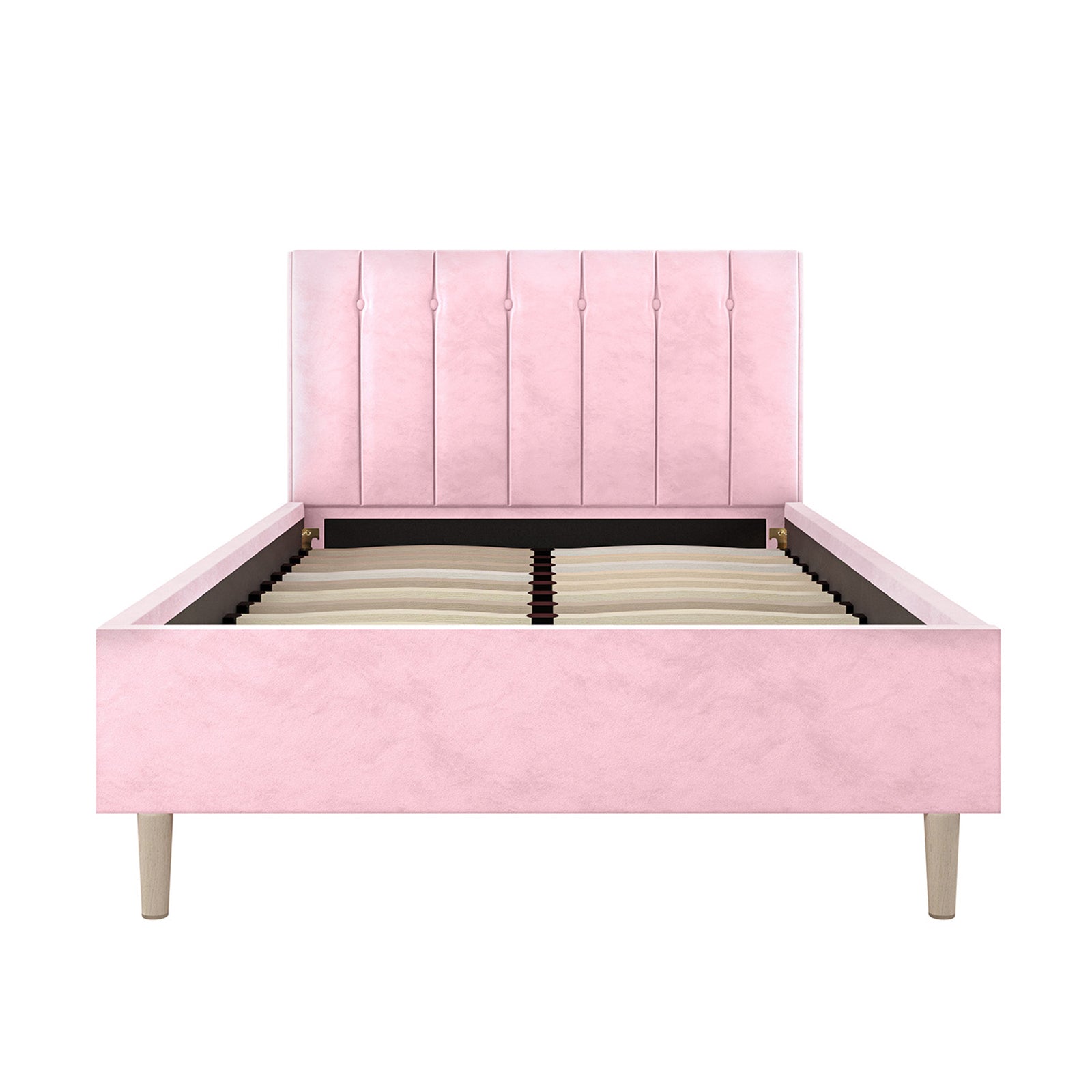 Kelly King Single Velvet Fabric Bed Frame in Pink, featuring a tufted headboard, low footboard, and side rails, all upholstered in pink fabric, supported by light-wooden legs with slatted center supports.
