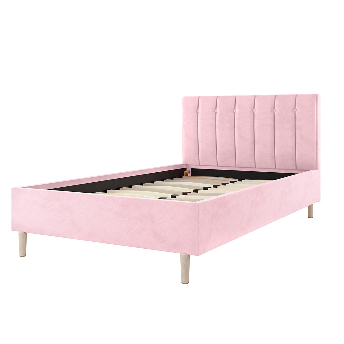 Kelly King Single Velvet Fabric Bed Frame in Pink with a tall, channel-tufted headboard, matching side rails, footboard, exposed wooden slats, and light wood tapered legs. Ideal for tween and teen spaces.