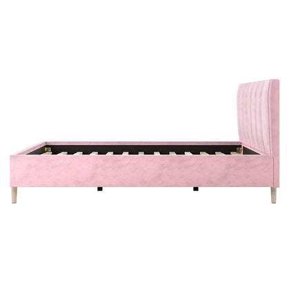 Kelly King Single Velvet Fabric Bed Frame in Pink, featuring a channel-tufted headboard, matching side and foot rails, wooden legs, and supportive wooden slats for a stylish and sturdy design.