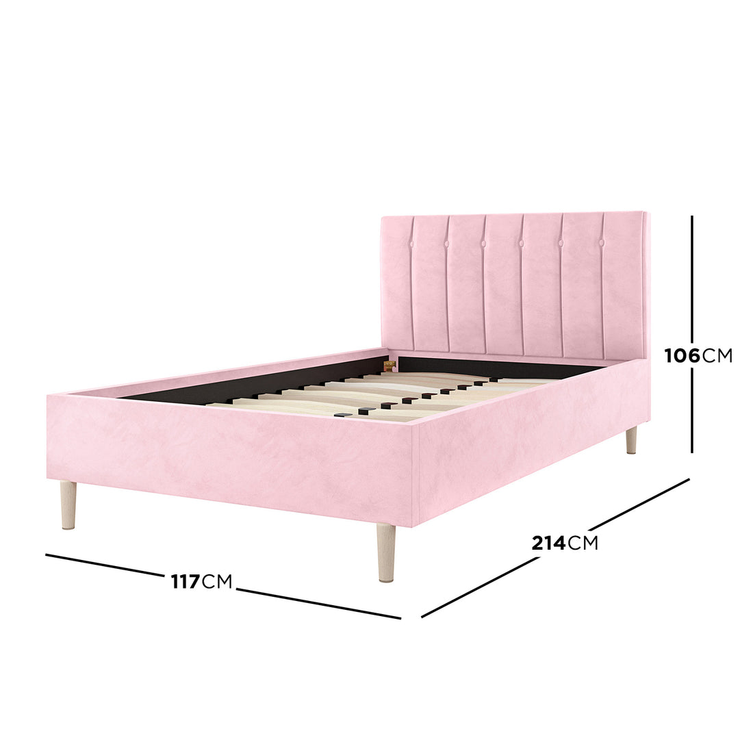Kelly King Single Velvet Fabric Bed Frame in Pink, featuring a tall, vertically tufted headboard, side rails, footboard, and wooden tapered legs, with a slatted support system for mattress stability.