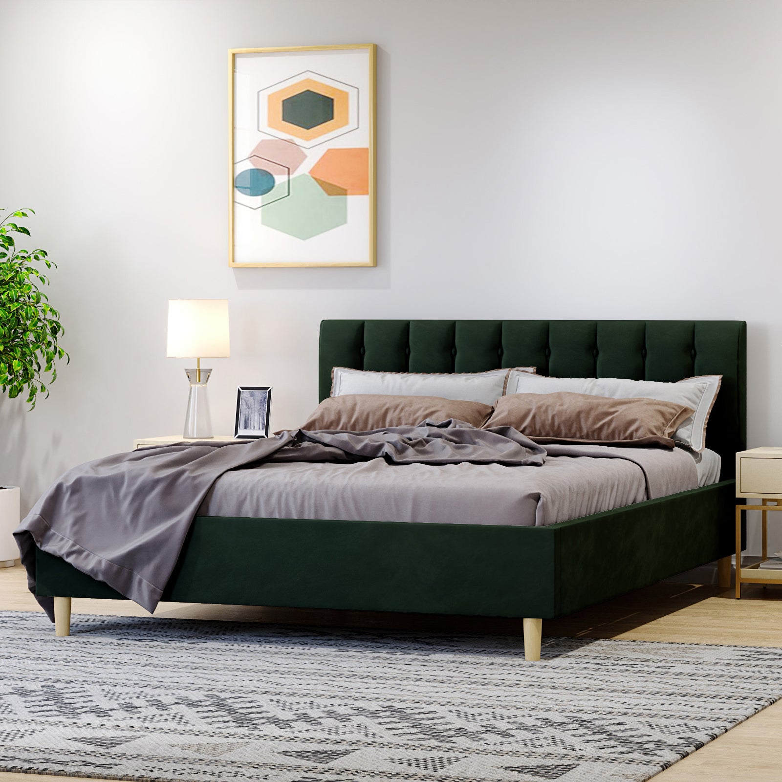 Kelly Queen Velvet Bed Frame – Dark Forest Green, featuring a channel-tufted headboard, sleek rectangular design, and rich velvet fabric, serves as a sophisticated centerpiece in a modern bedroom setting.