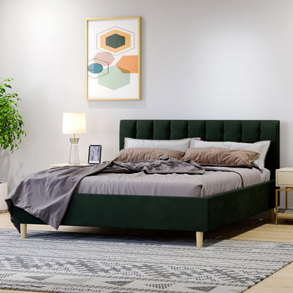 Kelly Queen Velvet Bed Frame – Dark Forest Green, featuring a channel-tufted headboard, sleek rectangular design, and rich velvet fabric, serves as a sophisticated centerpiece in a modern bedroom setting.