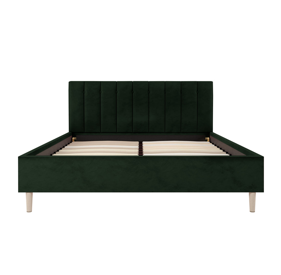 Kelly Queen Velvet Bed Frame – Dark Forest Green, featuring a channel-tufted headboard, sturdy solid wood frame with metal support, and engineered wood slats for optimal mattress support and comfort.