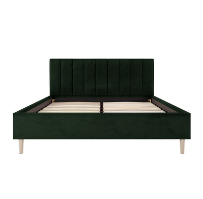 Kelly Queen Velvet Bed Frame – Dark Forest Green, featuring a channel-tufted headboard, sturdy solid wood frame with metal support, and engineered wood slats for optimal mattress support and comfort.