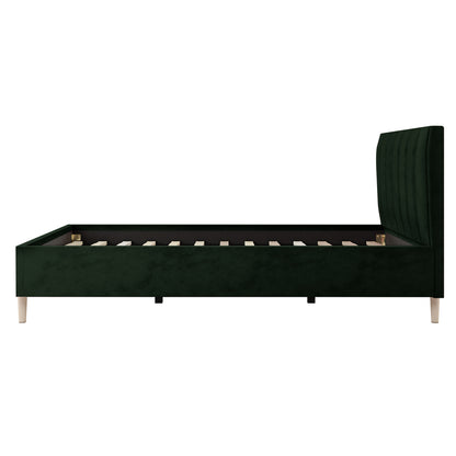 Kelly Queen Velvet Bed Frame – Dark Forest Green features luxurious velvet upholstery with channel-tufted headboard, highlighting its elegant design. Solid wood frame with metal support, showcasing its robust construction.